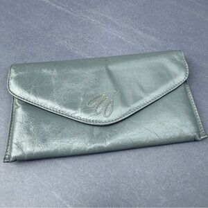 Vintage 1980s Grey Leather Stitched Clutch with Magnetic Closure
